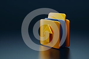 Computer file folder with an upward arrow. File upload, data storage concept