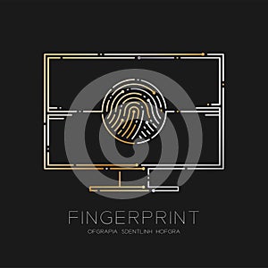 Computer with Fingerprint dash line, Digital office concept design illustration gold and silver isolated on black background with