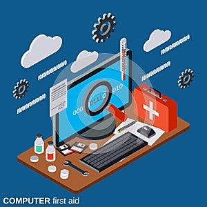 Computer first aid, technical support vector concept