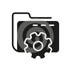 Computer Folder with Gear Silhouette Icon. Setting of Data Folder Black Icon. Options and Configuration of File or