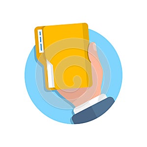 Computer folder in hand illustration in flat style. Document archive vector illustration on isolated background. Portfolio sign