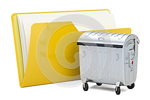 Computer folder icon with garbage trash container, 3D rendering