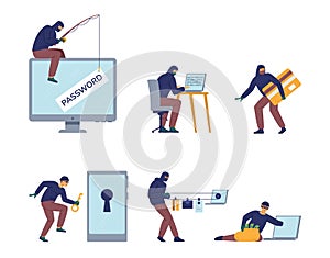 Computer fraud flat vector concept set. Hacker phishing password and steal private information. Internet scam.