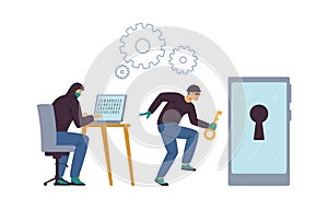 Computer fraud and hacking computer security, flat vector illustration isolated.