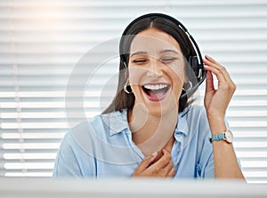 Computer, funny joke or woman consultant in call center talking or networking online in telecom business. Laughing