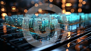 Computer futuristic high tech board with microcircuits and electronic chips with transistors and resistors. AI generated