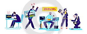 Computer and gadget repair service set with people holding broken computer, tablet and smartphone