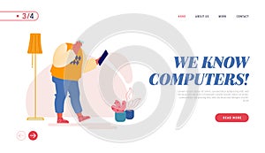 Computer and Gadgets Education for Aged People Landing Page Template. Desperate Senior Man