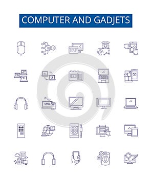 Computer and gadjets line icons signs set. Design collection of Hardware, Software, Networking, Laptops, Monitors