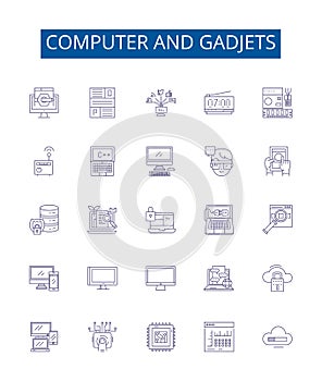 Computer and gadjets line icons signs set. Design collection of Hardware, Software, Networking, Laptops, Monitors