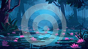 Computer game background, fantasy mystic scenery view with wild pond covered with ooze, Cartoon modern illustration