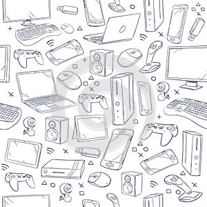 Computer game, device, social gaming vector sketch doodles seamless pattern