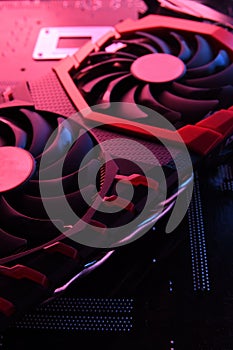 Computer game graphics card, videocard with two coolers on circuit board ,motherboard background. Close-up. With red-blue lighting