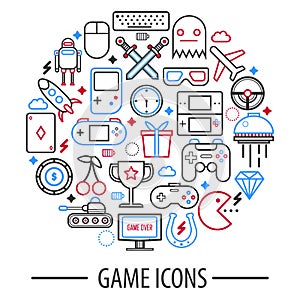 Computer game icons in round circle vector illustration isolated