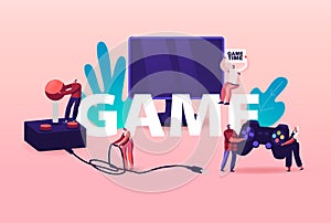 Computer Games Concept. Tiny Characters with Huge Console and Joystick at Tv Screen. Gaming Leisure Addiction, Sparetime