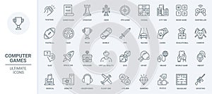 Computer games, gaming technology thin line icons set, race, fight and space simulator