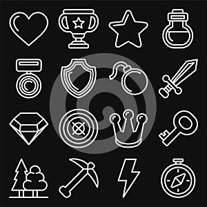 Computer Games Icons Set on Black Background. Line Style Vector