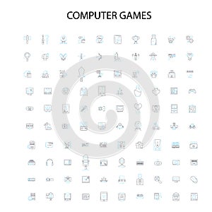 computer games icons, signs, outline symbols, concept linear illustration line collection