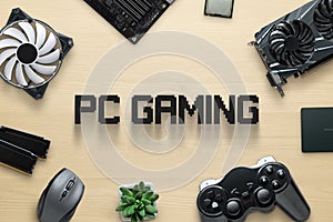 Computer gaming components and pc gaming text concept photo