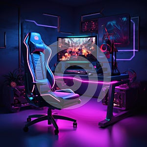 Computer gaming pc on gaming table in dark room with neon purple lights and gaming chair 3d illustration