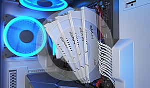 Computer Gaming PC interior with neon light repair parts ram concept 3d render image