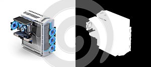 Computer Gaming PC with neon light repair parts concept 3d render image on white with alpha