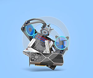 Computer Gaming PC repair parts concept 3d render image on blue