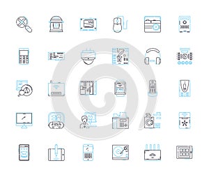 Computer gear linear icons set. Keyboard, Mouse, Monitor, CPU, Graphics, Motherboard, RAM line vector and concept signs