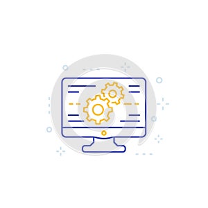Computer and gears, cogwheels line icon