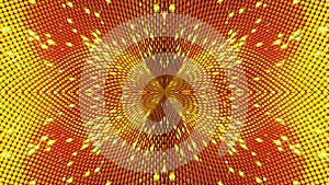 Computer generated abstract background from gold particles. Kaleidoscope converts into an seeds sunflower, 3D rendering