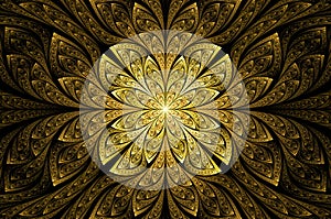 Computer generated abstract illustration Beautiful fractal Golden flower wall  pattern, Kaleidoscope design background, Abstract