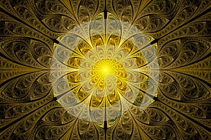 Computer generated abstract illustration Beautiful fractal Golden flower wall  pattern, Kaleidoscope design background, Abstract