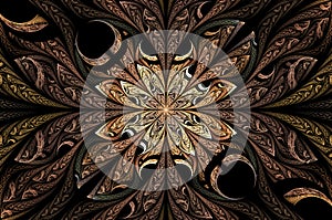 Computer generated abstract illustration Beautiful fractal Golden flower wall  pattern, Kaleidoscope design background, Abstract