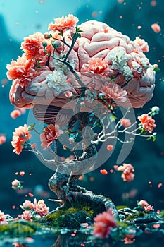 Computer-generated or artificial tree with flowers and brain or head as its base. Generative AI