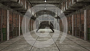 Computer generated background. Several gloomy prison blocks on two floors. 3d rendering