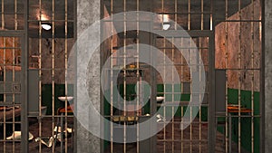 Computer generated background. Several gloomy prison blocks on two floors. 3d rendering