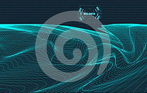 Computer generated binary code landscape on black background . Big Data . Binary Code . Wireframe landscape .