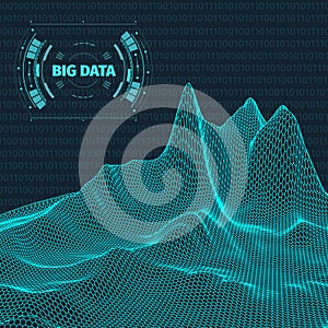 Computer generated binary code landscape on black background . Big Data . Binary Code . Wireframe landscape .