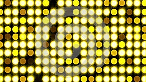 Computer generated bright flood lights background with round particles and gold glow. 3d rendering of disco backdrop
