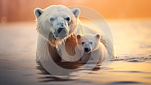 Polar bear with her baby. Melting iceberg and global warming