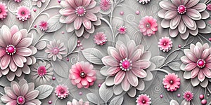 Computer generated 3D flower pattern. Beautiful pink flowers on abstract grey background. Wallpapers for your desktop