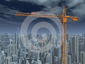 Construction crane and skyscrapers at night