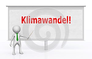 3D figure in front of a projection screen with the German word Klimawandel photo