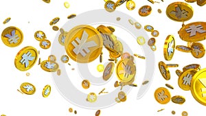 3D illustration of yen coins falling on a white background