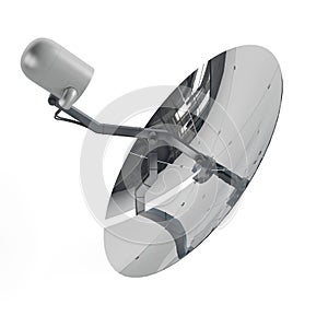 Computer-generated 3d realistic metallic satellite dish isolated on a vertical white background.