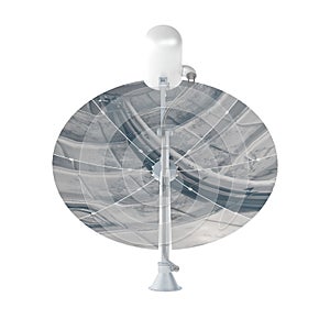 Computer-generated 3d realistic metallic satellite dish isolated on a vertical white background.