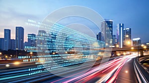 A computer-generated environment with streaming binary code running horizontally across the screen