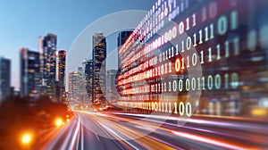 A computer-generated environment with streaming binary code running horizontally across the screen