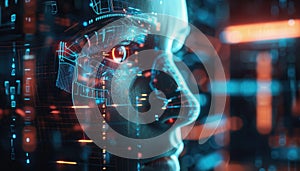 a computer generated face with a red eye and a blue background by AI generated image