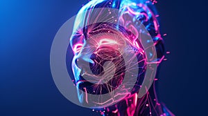 A computer generated face with a red glowing eye